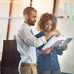 Image showing Planning, coworkers or brainstorming on tablet in modern office, teamwork or strategy conversation and sticky notes. Businesspeople, talking and moodboard or idea, development or company workplace