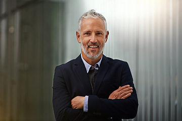 Image showing Portrait, mission and arms crossed with a business man in his office, looking happy about his company growth. Vision, mindset and confidence with a senior male corporate manager standing at work