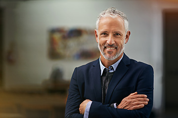 Image showing Portrait, mindset and arms crossed with a business man in his office, looking happy about his company growth. Mission, vision and confidence with a senior male corporate manager standing at work