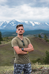 Image showing Relaxing man in Kurai steppe on North-Chui ridge