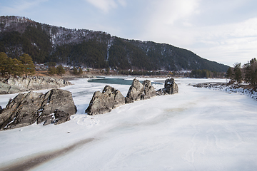 Image showing Fast mountain river Katun at winter