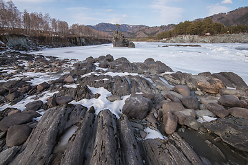 Image showing Fast mountain river Katun at winter