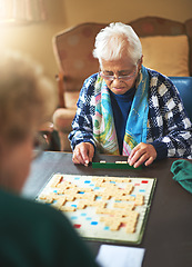 Image showing Board game, senior women and nursing home friendship or old people, thinking and play games together in retirement. Elderly friends, entertainment or hobby or table, retired and assisted living