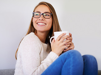 Image showing Thinking, coffee and happiness of woman in home enjoying caffeine, espresso or cappuccino in living room. Smile, tea and female person with idea in lounge, drinking beverage and relax in house mockup