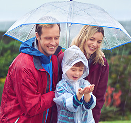 Image showing Family, rain and umbrella outdoor in nature for fun, happiness and quality time with love. Man, woman and excited boy child with hands for water drops, learning and development while playing together