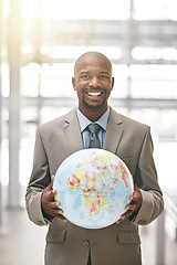 Image showing Professional black man, globe and global business, smile in portrait and Earth, map with worldwide corporate success. Businessman, international travel with happy male executive of company and pride