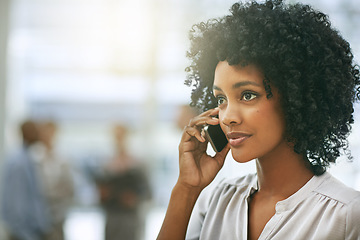 Image showing Phone call, business and black woman listening in office with mockup space. Cellphone, communication and African female professional talking, speaking or discussion with contact while thinking.