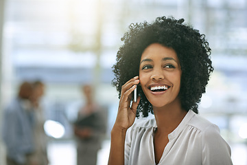 Image showing Phone call, business and laughing black woman in office workplace with mockup space. Cellphone, happiness and African female person speaking, professional communication or funny discussion of contact