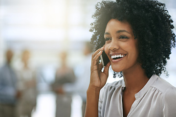 Image showing Phone call, business and funny black woman in office with mockup space. Cellphone, laughing and African female person speaking, communication or discussion, comedy and comic humor with contact.