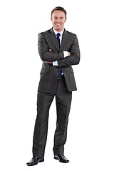 Image showing Portrait, business and man with arms crossed, career and guy isolated against a white studio background. Face, male person and employee with confidence, startup success and professional with a suit