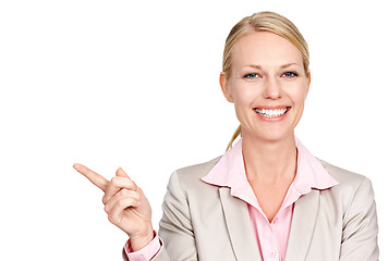 Image showing Portrait, pointing and woman with mockup, employee and entrepreneur isolated against white studio background. Face, female person and consultant with hand gesture, opportunity, decision and direction