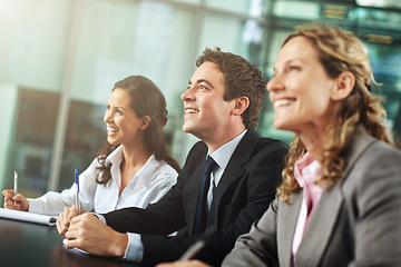 Image showing Business, people and presentation with training for learning and a discussion about a collaboration. Group, professional and conference with a smile are planning for teamwork in a business meeting.