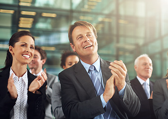 Image showing Conference, business and applause with agreement by office team for support and collaboration. Professional, group and seminar with a smile at presentation for growth and success in a company.