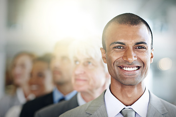 Image showing Happy businessman, portrait and face in management, leadership or diversity at office. Confident corporate man executive with smile in diverse group, teamwork or unity for company vision at workplace