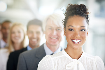 Image showing Happy business woman, portrait and team in management, leadership or diversity at the office. Face of corporate female with diverse group smiling for teamwork, unity or company vision at workplace