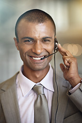 Image showing Call center, man portrait and consultant in virtual communication, business support and web helping. Smile on face of IT agent, advisor or indian person in telecom, customer service and client chat