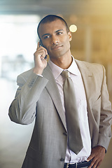 Image showing Phone call, thinking and business man for communication, networking and feedback, talking or legal advice. Professional indian person or corporate lawyer listening to client with ideas on mobile chat