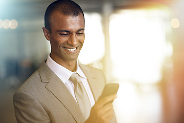 Image showing Phone, reading and business man smile for communication, networking with client or social media in legal career. Cellphone, typing or online search of corporate indian person or lawyer in light leak