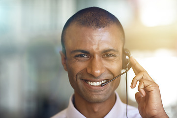 Image showing Call center, portrait and happy man in virtual communication, business support and e commerce helping. Face of IT agent, advisor or african person smile for telecom, customer service or client advice