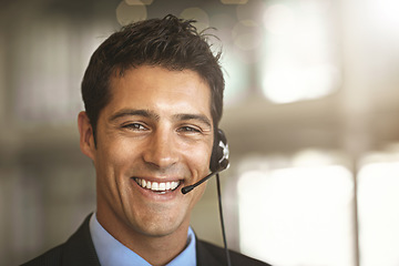 Image showing Happy man, portrait and call center for virtual communication, business support or finance services. Face of agent, financial advisor or corporate person smile for consulting, chat and advice mockup