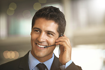 Image showing Happy man, thinking and call center for virtual communication, business support or finance services. Salesman agent, financial advisor or corporate person consulting, solution chat or advice on space