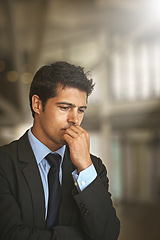 Image showing Business, thinking and man with focus, stress and ideas for company, decision and deadline. Male person, employee or consultant with mockup space, problem or professional with burnout and depression