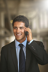 Image showing Business man, thinking and phone call with online communication, networking and feedback of legal advice. Professional person or corporate lawyer listening to client or idea on chat with mockup space