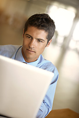 Image showing Laptop, focus and business man with online management, career planning and company software or website. Serious, office and professional person or worker reading digital news or working on computer