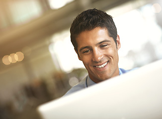 Image showing Laptop, happy and business man with online management, career planning and company software or website in bokeh. Smile, feedback and professional person or worker reading news or working on computer