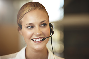 Image showing Happy woman, thinking and call center in virtual communication, business support or finance services. Vision of agent, financial advisor or corporate person consulting, solution chat or client advice