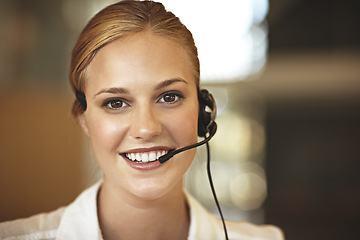 Image showing Happy woman, portrait and call center in virtual communication, business support or finance services. Face of agent, financial advisor or corporate person consulting, solution chat and client advice