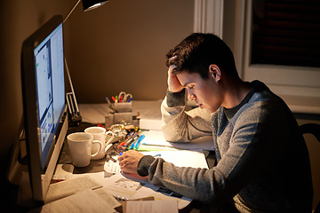 Image showing Man, studying and stress in night by computer for test, assessment or headache in college dorm. Male university student, education and burnout with anxiety, fatigue and tired with books for learning