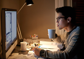 Image showing Young, man and student studying at night on a desk computer in a bedroom. College, male and elearning at apartment with coffee to study with technology and the internet for education at university.