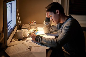 Image showing Man, studying and tired in night by computer for test, assessment or stress in college dorm room. Male university student, education and burnout with fear, fatigue and anxiety with books for learning