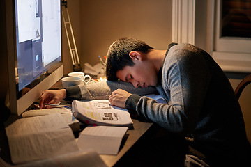 Image showing Young student, books and sleeping near screen or studying late into the night or resting on table and reading for examination. Tired, research and hard working for test paper or computer at home