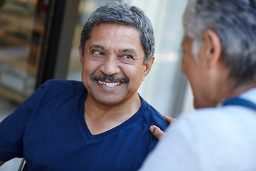 Image showing Senior, smile and couple talking, bonding or having fun while enjoying quality time together. Happy, love and man and woman in retirement, elderly and relax or speaking and conversation in happiness