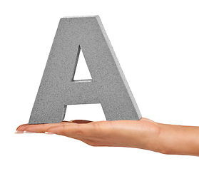 Image showing Woman hand, studio and alphabet or capital letter A for learning, advertising or font. A person show sign, character or text for communication, typo and grammar in palm isolated on a white background