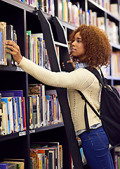 Image showing Black woman search for book in library, student at college and study for exam or research for project on campus. Education, learning and academic development with female person on ladder by bookshelf