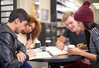 Image showing Students study in a group in library, people learning for university education and scholarship. Academic development, knowledge with young men and women studying for exam, research and reading book