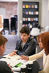 Image showing Students studying in a group in library on campus, people learning for university education and scholarship. Academic development, knowledge with men and woman, study with books for research