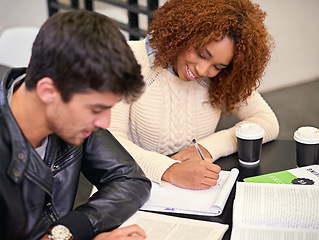 Image showing Students study in library, people learning for university education, teamwork and writing notes. Academic development, knowledge with young man and woman studying for exam, research and scholarship