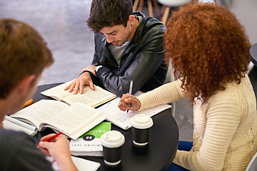 Image showing Students studying in a group in library, people learning for university education and scholarship. Academic development, knowledge with young men and woman study for exam, research and writing notes