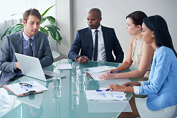 Image showing Planning, teamwork and laptop with business people in meeting for idea, documents and learning. Collaboration, data and leadership with employees in office for project management and brainstorming