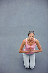 Image showing Yoga, mockup and portrait of old woman with praying hands on floor for meditation, healing and balance from above. Mindfulness, prayer pose and space for elderly lady meditating for zen or wellness