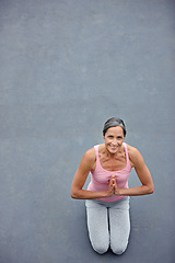 Image showing Mockup, yoga and portrait of old woman with praying hands on floor for meditation, healing and balance from above. Mindfulness, prayer pose and space for elderly lady meditating for zen or wellness