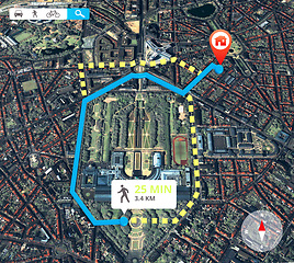 Image showing Satellite map, navigation and location with travel information and data for direction of route for trip. Technology, app and aerial view with journey info, transportation destination pin and landmark