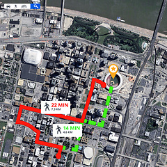 Image showing Satellite map, direction and location pin with travel information and navigation guide with route for trip. Technology, app and aerial view with journey data, transportation destination and landmark