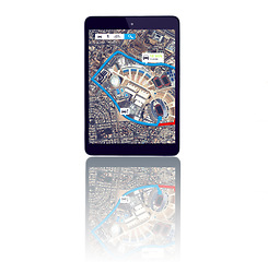 Image showing Tablet, online or location to travel on digital global road maps or direction route on white background. Mockup space, screen or mobile app ux display of journey trip, navigation or virtual guide