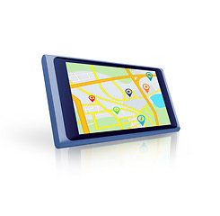 Image showing Tablet, search or location to travel on global digital road maps or direction route on white background. Mockup space, screen or mobile app ux display of journey trip, navigation or virtual guide