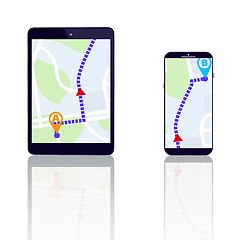 Image showing Tablet, smartphone or direction on road map to travel on city location or route on screen or white background. Mock up, digital or mobile app ux journey display, global navigation or virtual guide